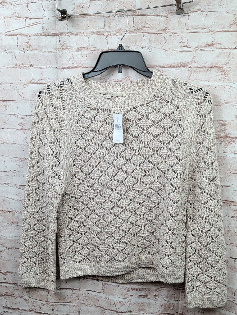 LOFT Neutral Cream Openwork Crewneck Sweater Medium New Nwt